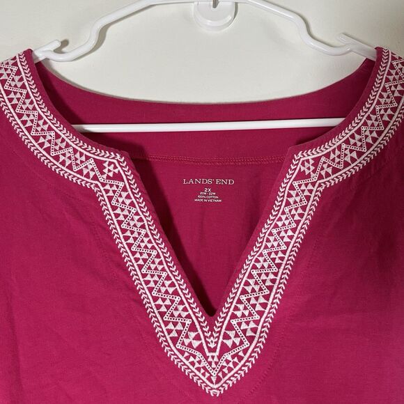 Lands End Pink Sz 2X Knee Length Sleeveless Dress Spilt Neck Embroidered Pockets - Picture 3 of 8